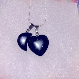 Blue Goldstone Heart ❤️ and Onyx Moon 🌙 Sterling Silver 16” Necklace
